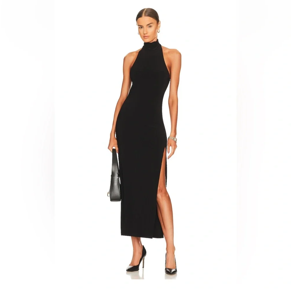 Norma Kamali Halter Turtleneck Side Slit Gown - Picture 1 of 3